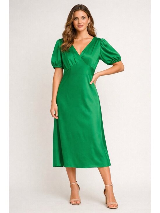 Alexia Admor Dresses & Skirts - Alexia Admor Felicity Midi Dress Green Puff V Neck Size Spring Wedding Guest Fun